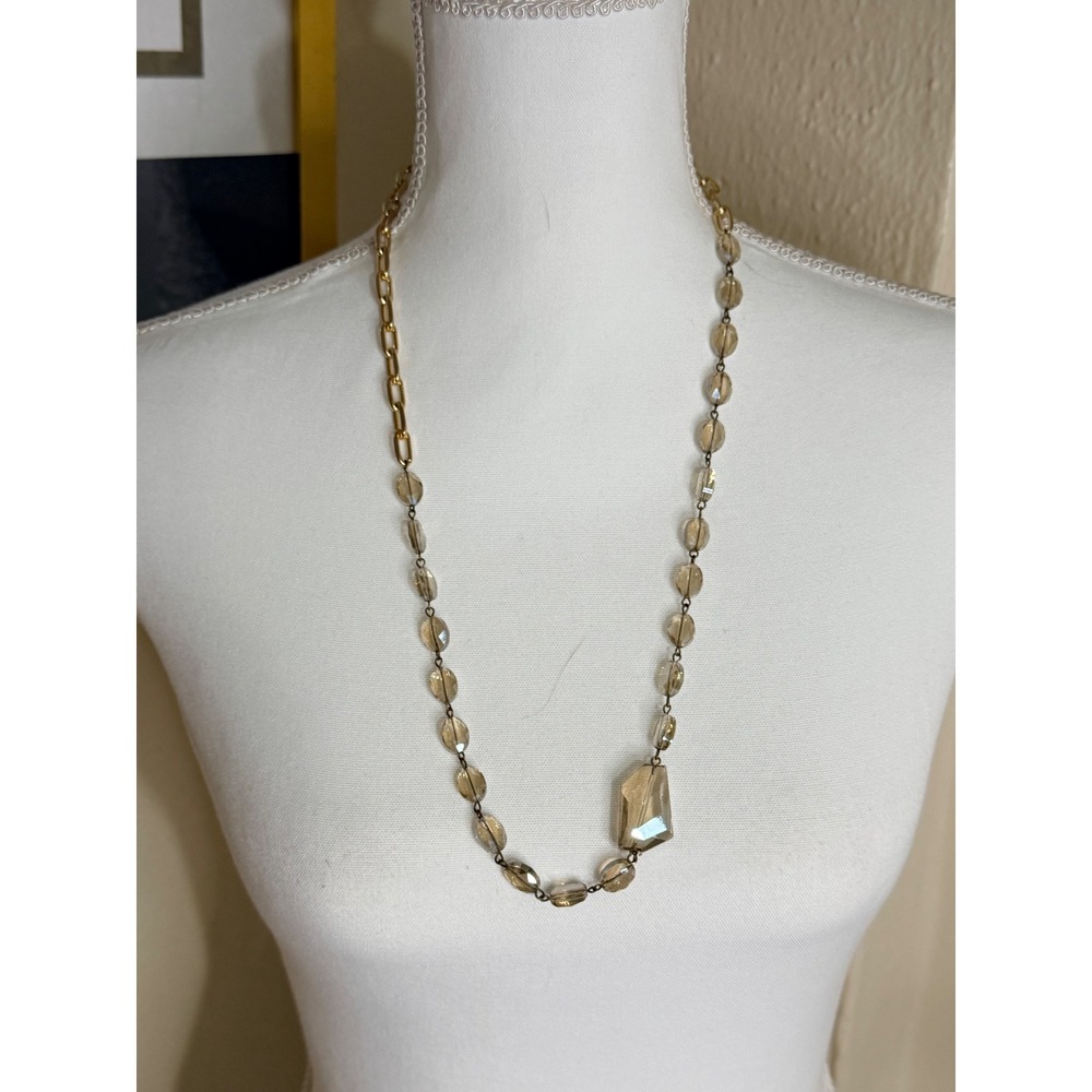 Gold Tone Champagne Faceted Glass Bead Long Paperclip Chain Necklace Statement